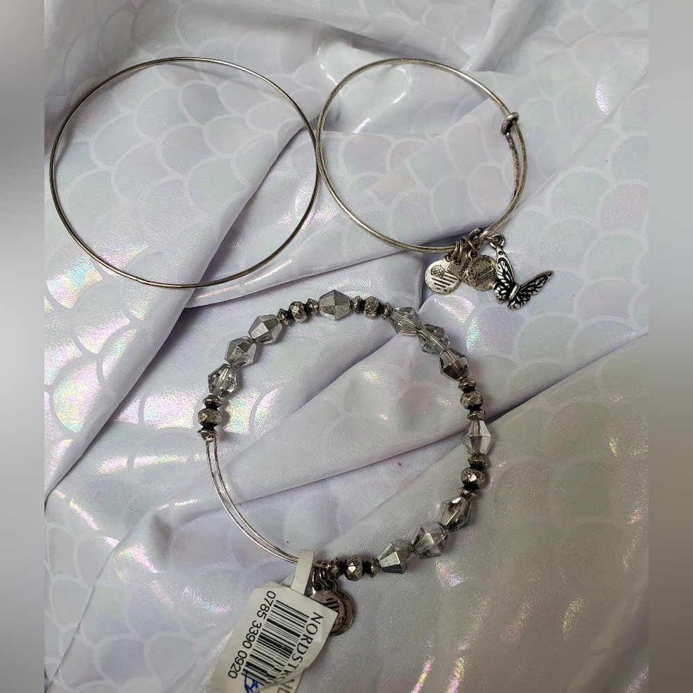 Alex And Ani Swarovski Crystal, Butterfly and Plain Bangle Bracelet Set